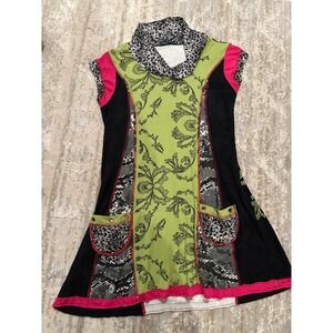Seven Waves Mixed Media Patchwork Tunic Dress Cowl Neck Leopard Floral Size 4